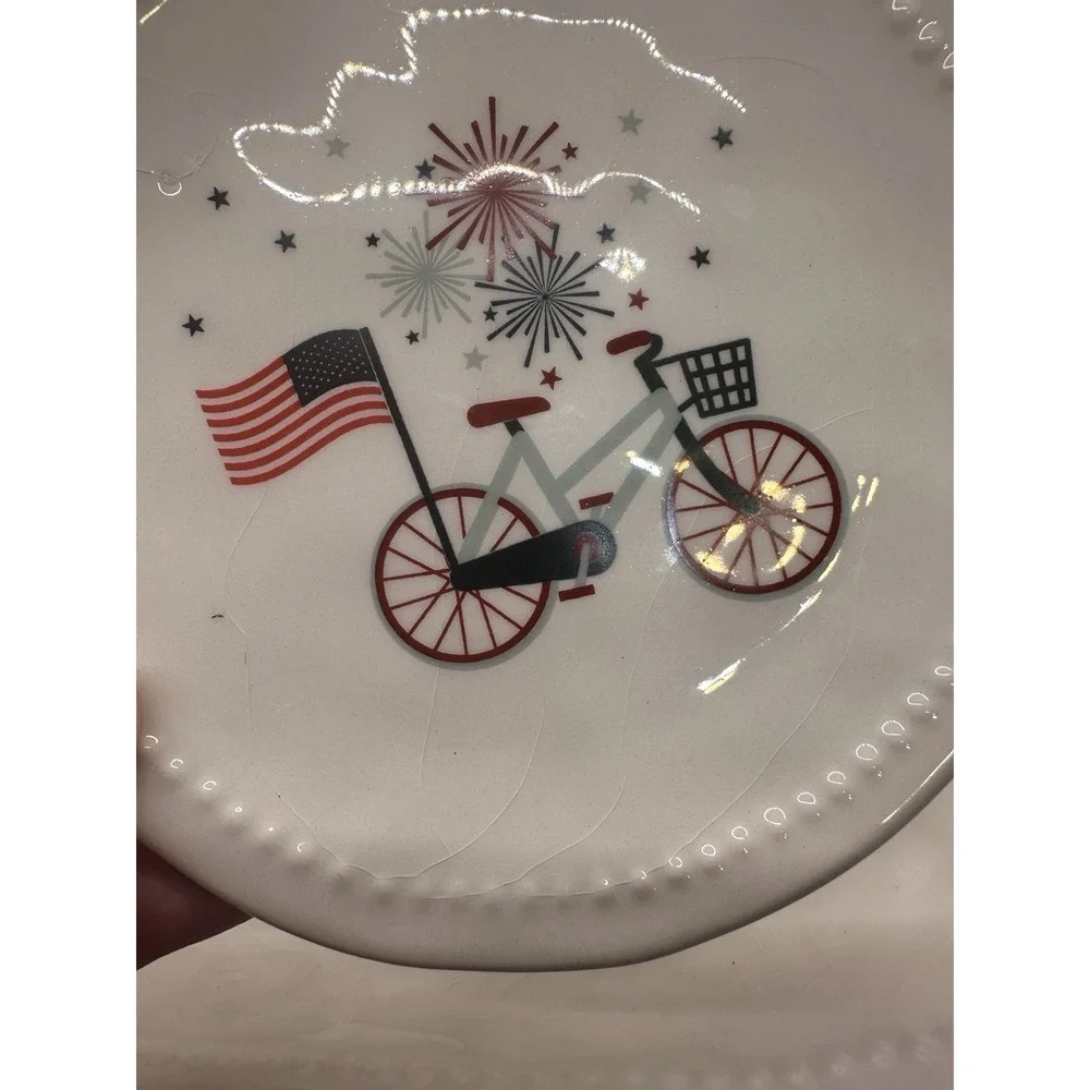 Envogue Home Patriotic Ceramic Bicycle Platter & 8 Appetizer Plates 9 Pc Set USA